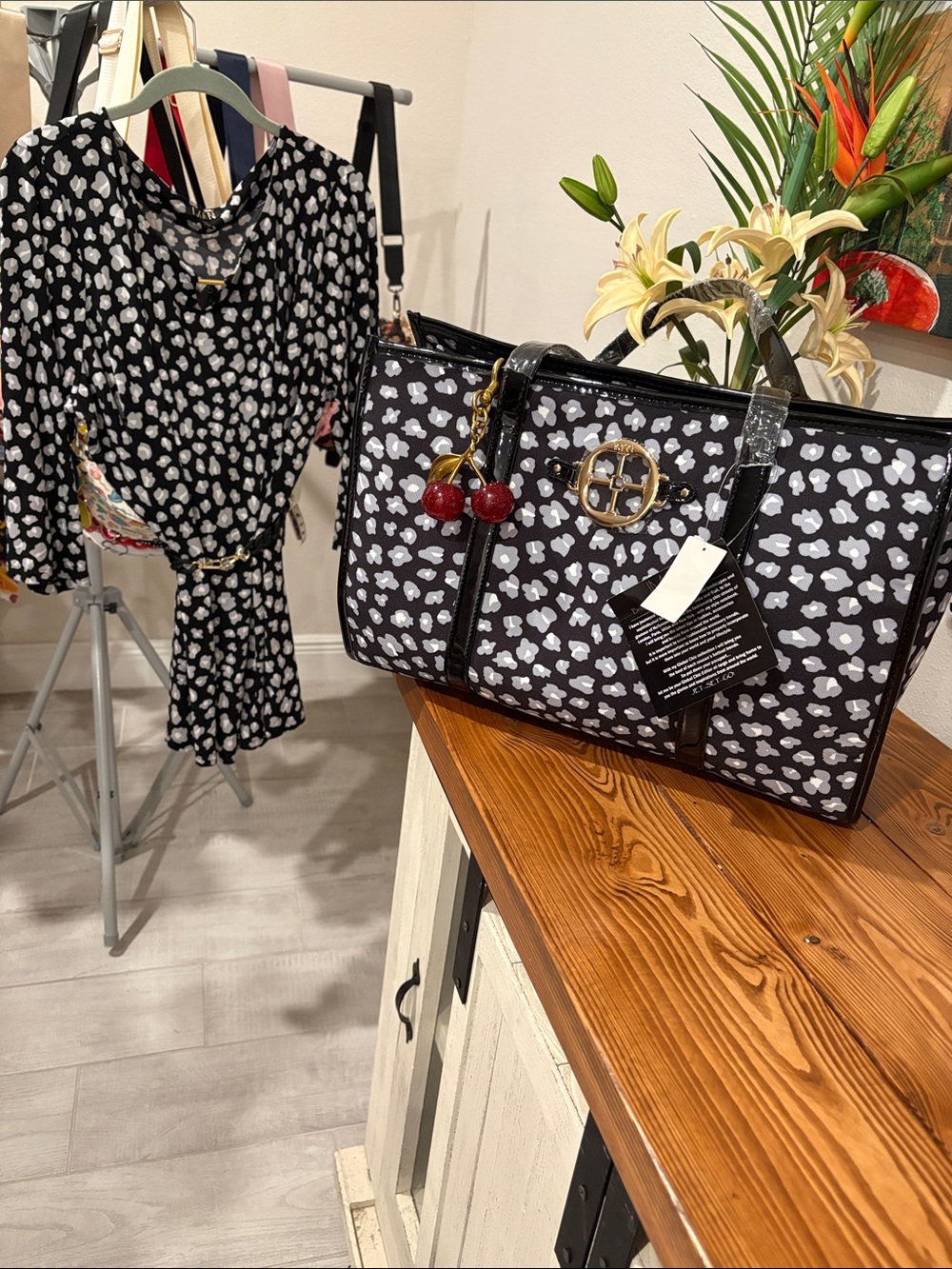 IMAN Black and White Printed Tote with Cherry Charm